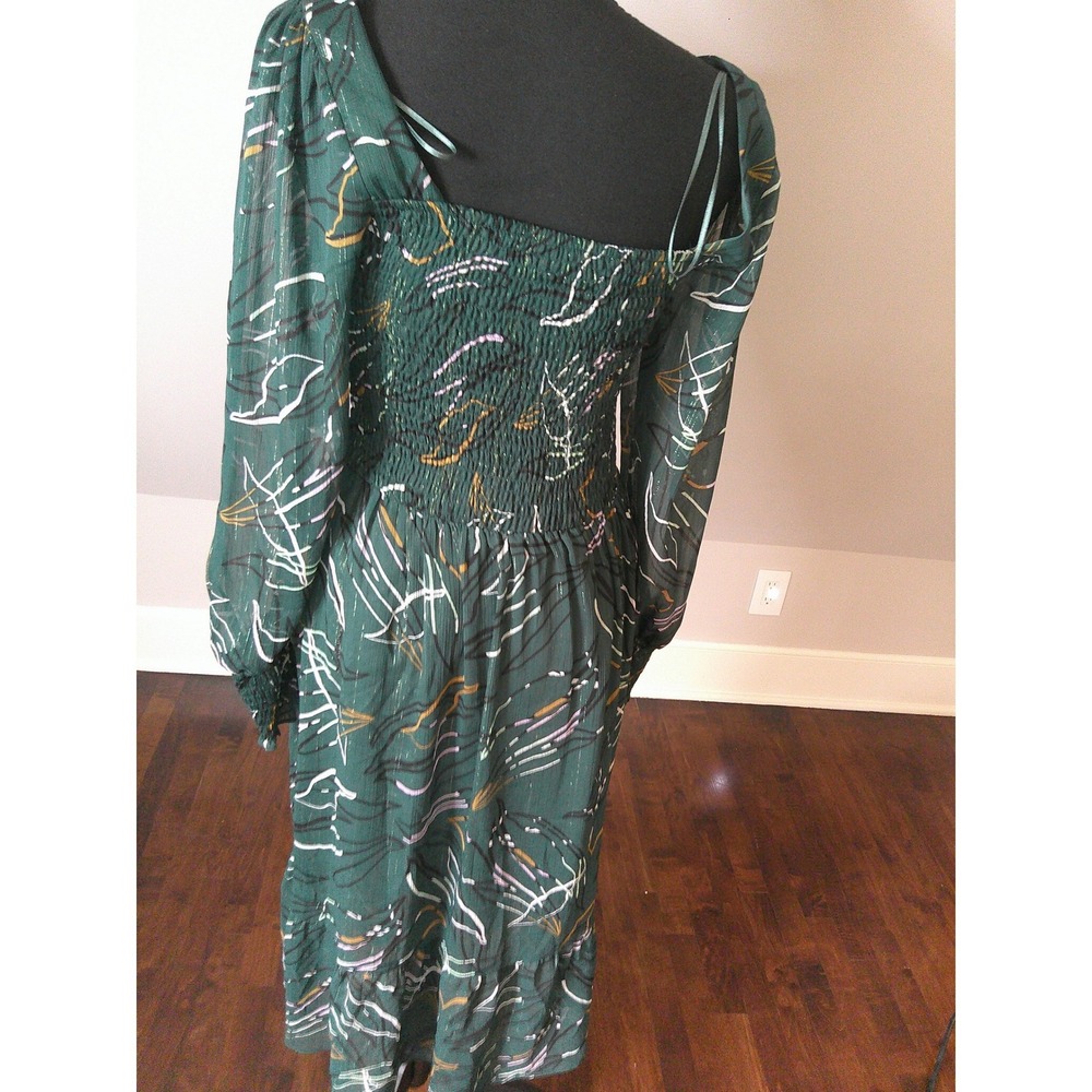 Nine West Dress Womens Med Green NWT Abstract Smocked Metallic Midi WW14Y312RP1 - Picture 5 of 8